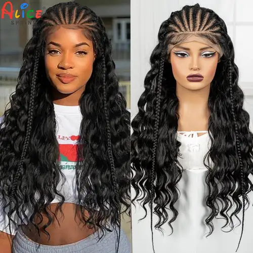 Pelucas de cabello ondulado profundo Natural con encaje frontal transparente de 28 pulgadas 13x6 con trenzas Cornrow peluca de pelo brasileño rizado sintético para mujeres