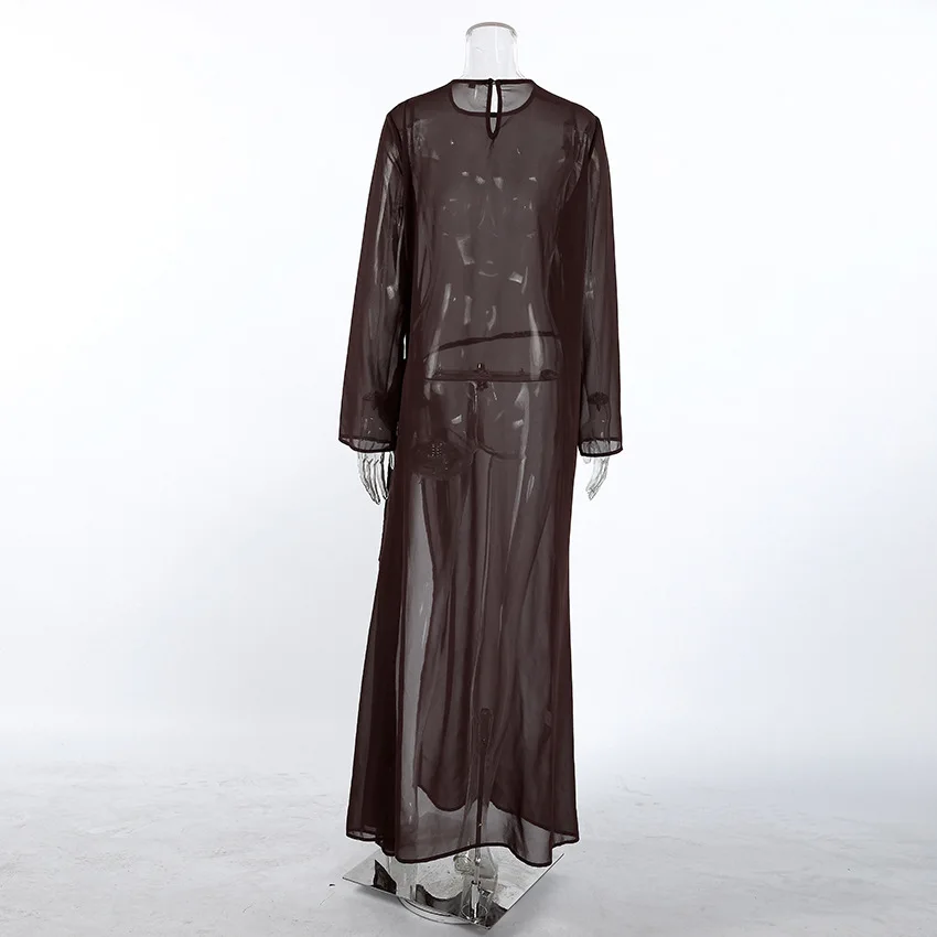 Sexy Braunes Transparentes Maxikleid Damen Langarm Seitenschlitz Langes Kleid Elegantes Mesh Bodycon Kleid Party Clubwear Strand Cover-Up