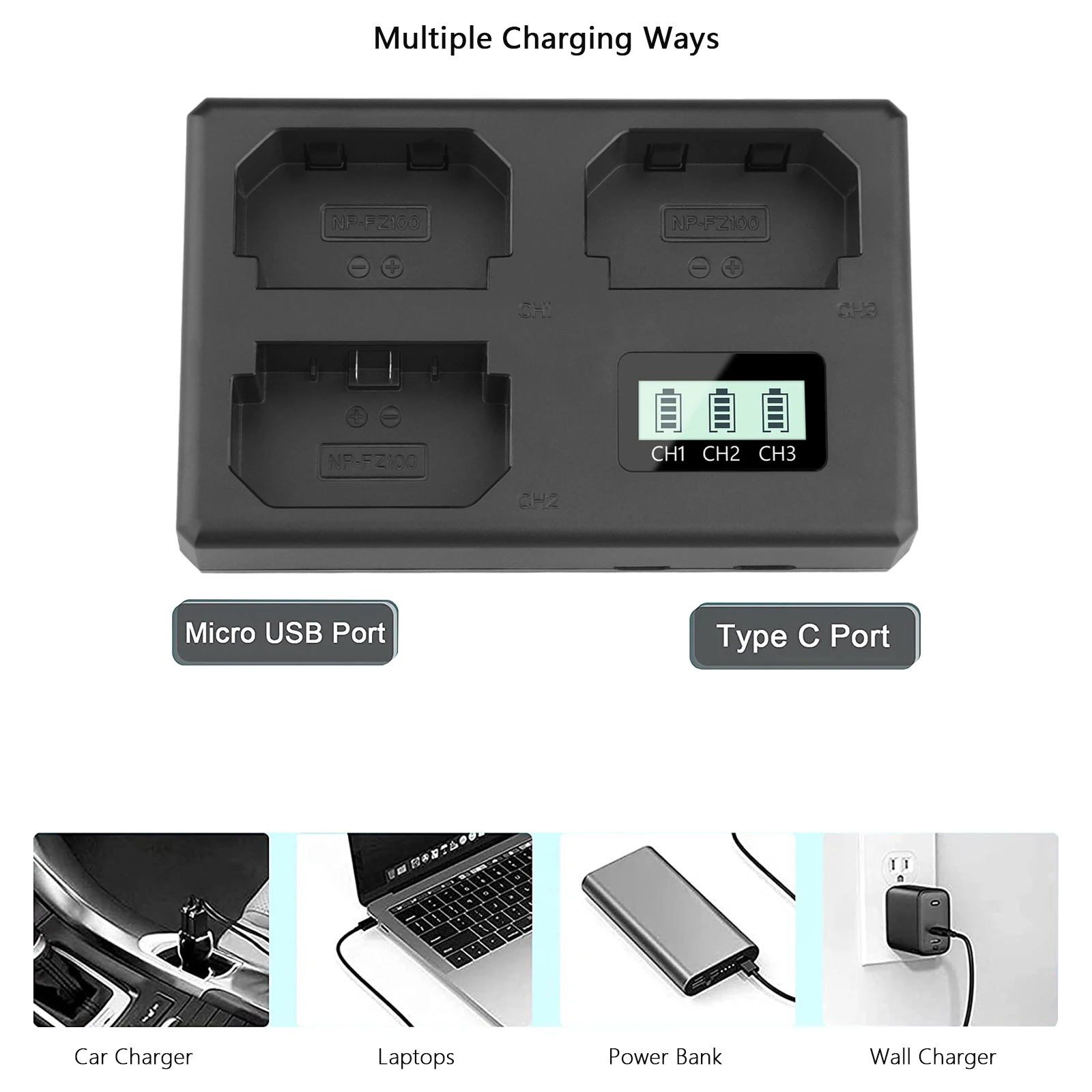 NP-FZ100 NPFZ100 Battery 3 Slot Charger for Sony Camera Alpha A7R3 A6600 A6700 A7M3 ARR4 A7R4 A7R5 A7III ZV-E1 FX3 FX30 ILCE-9