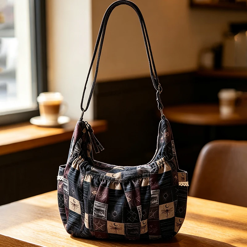 Sonnen-Mond-Stern-Print Patchwork Canvas Schultertasche, Vintage Handtasche mit Reißverschluss, Damen Pendler-Arbeitstasche Retro Leichte Tragetasche – Detail 10
