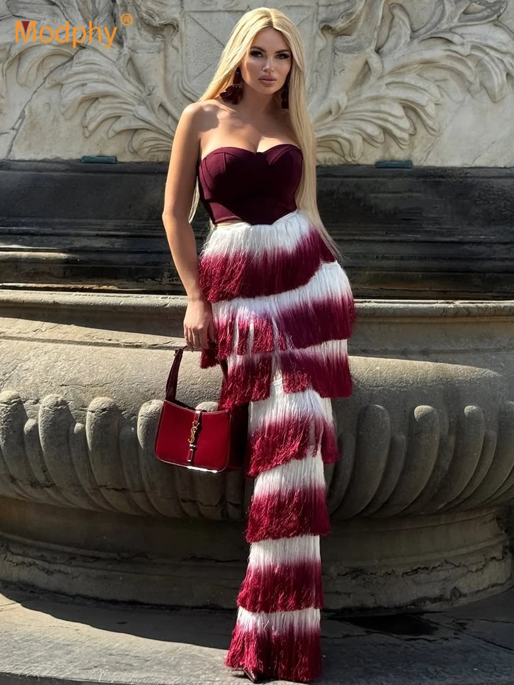 

Modphy 2025 Sexy Strapless Top & Gradient Tassels Long Skirt Two-Piece Set For Women'S Fashion Club Birthday Party Rave Outfits