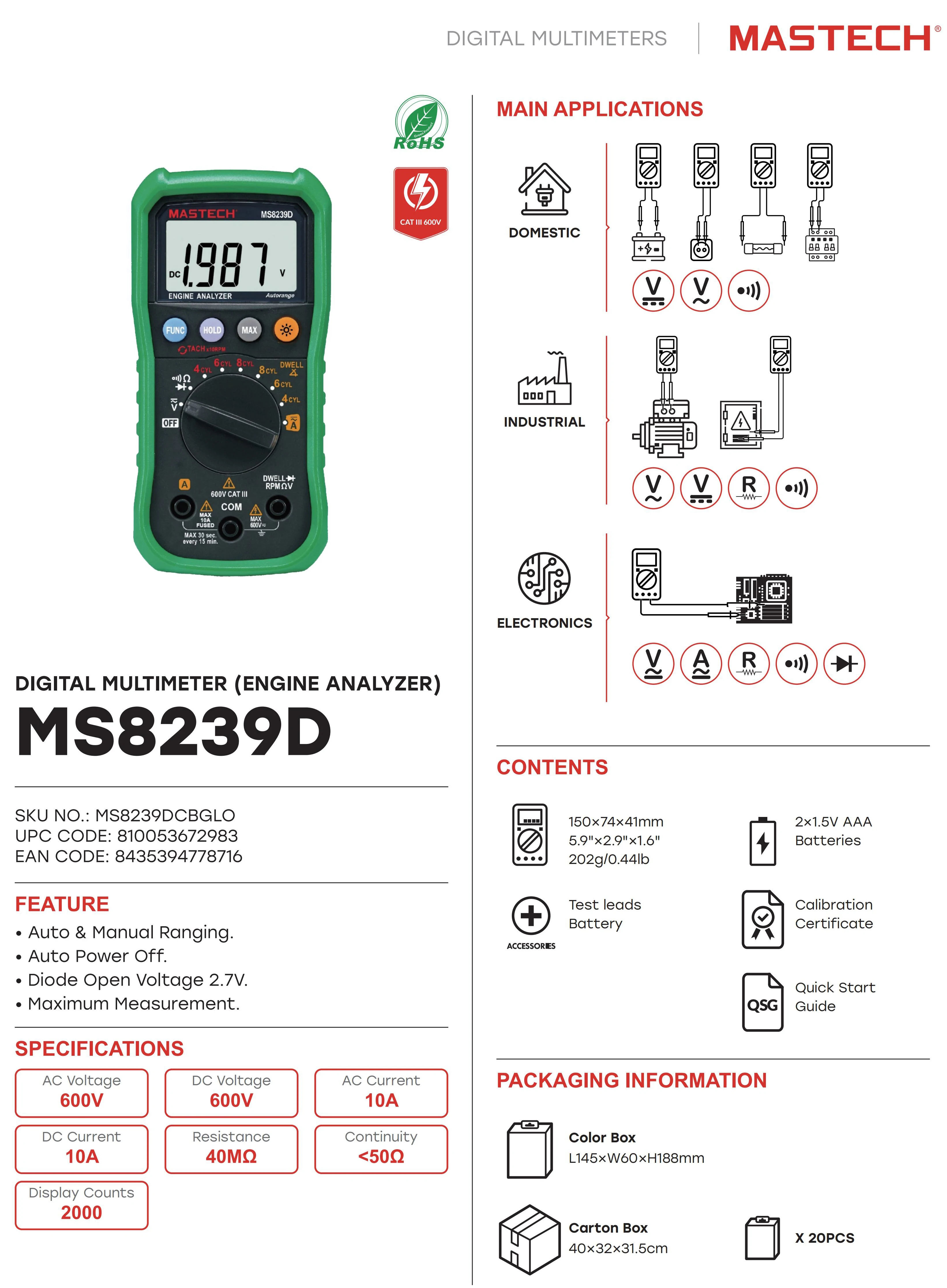 MASTECH MS8239D Digital Multimeter Voltmeter AC DC Current Capacitance Frequency Temperature Tester Meter MASTECH Multimeter