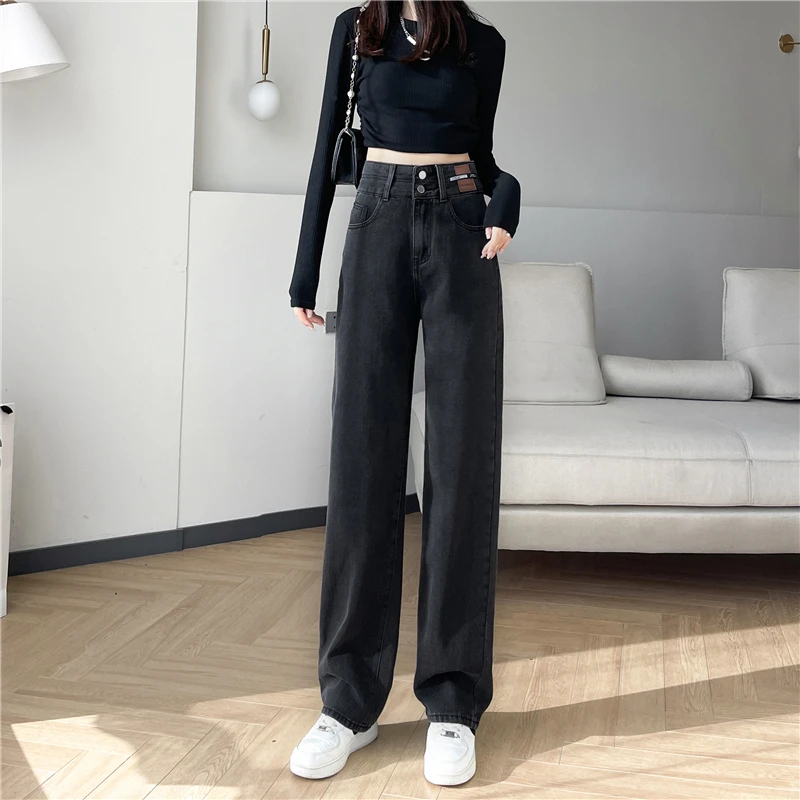 

Womens Highwaisted Jeans Leisure Comfortable Fashion Straight Pants Stretch Denim Washed Black Clothing Hot Sale