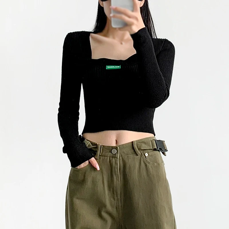 Women's Pullover Knitted Top Spring Autumn Slim Casual Expose Navel Fashion Solid Colour Long Sleeves Square Neck Sweater