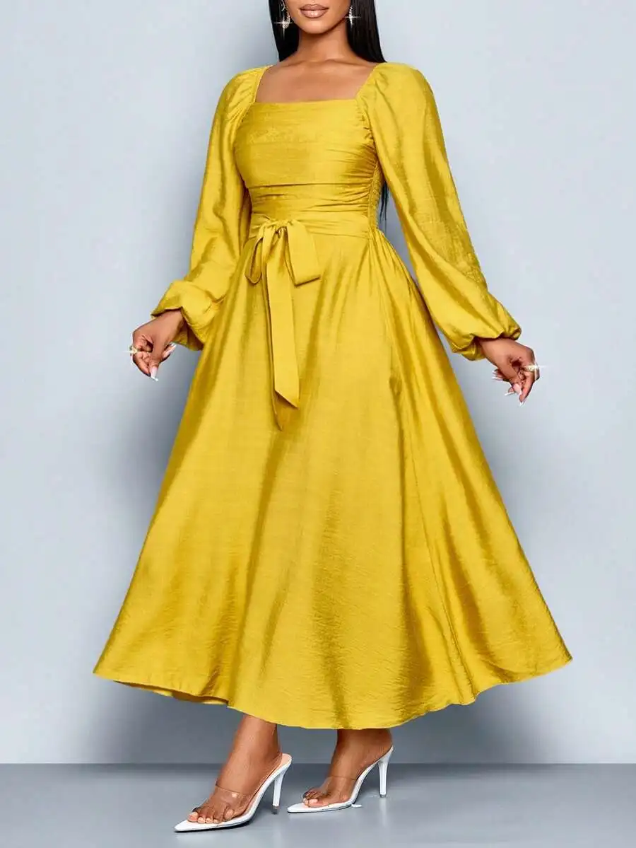 

Mustard Yellow Square Neck Long Sleeve A-Line Dress with Front Ruching and Tie Waist