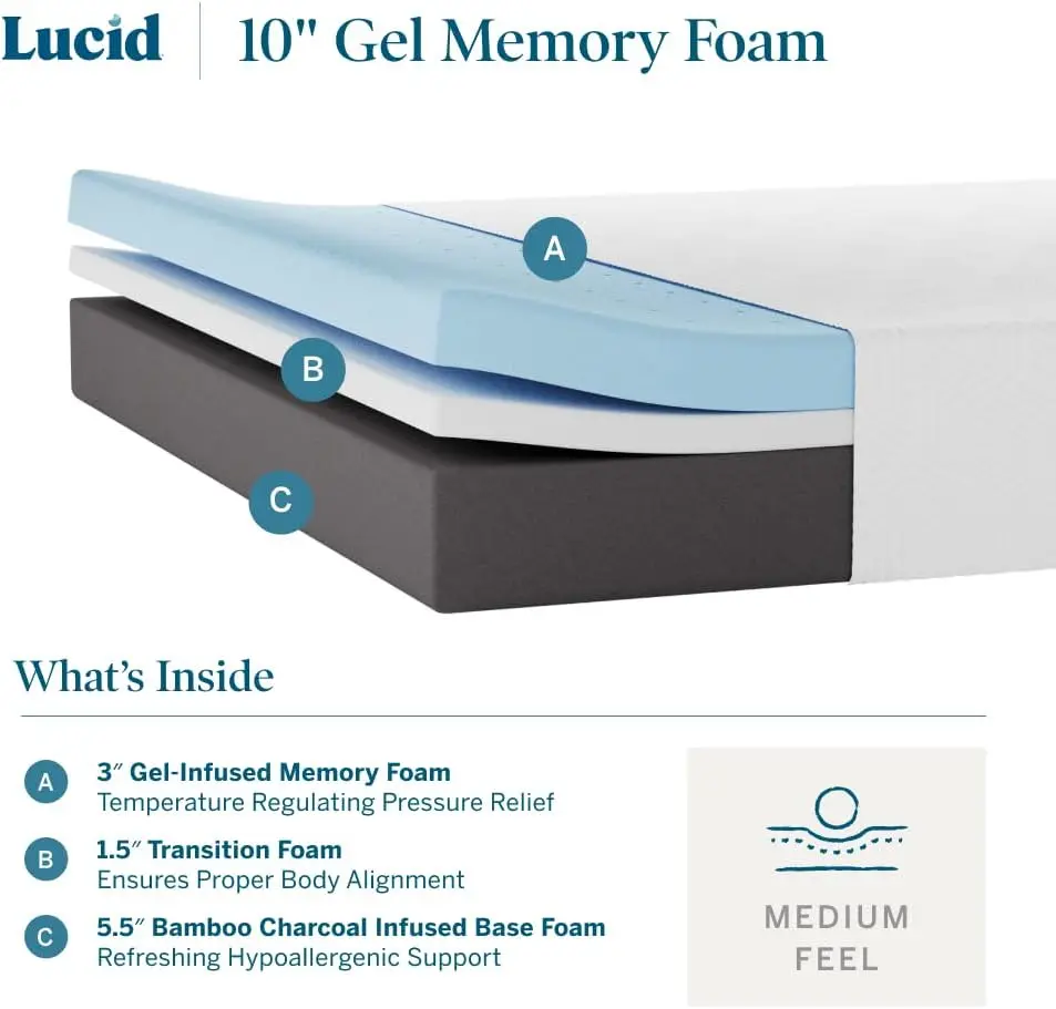 10 Inch Memory Foam Mattress  Medium Feel  Infused with Bamboo Charcoal and Gel  Bed in a Box  Temperature Regulating