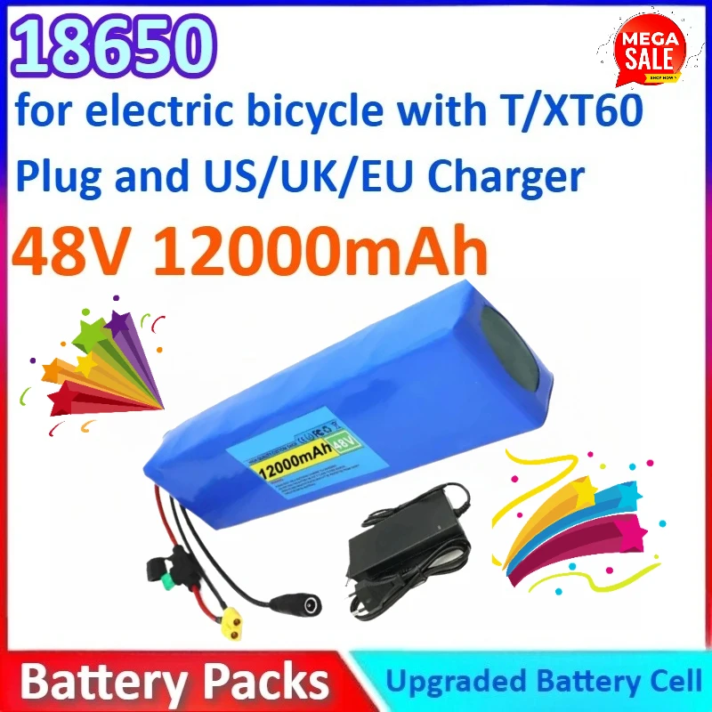 

13S2P 48V 12Ah 18650 lithium-ion battery pack for electric bicycle 13 series 2 parallel with XT60/T Plug and UK/EU/US Charger