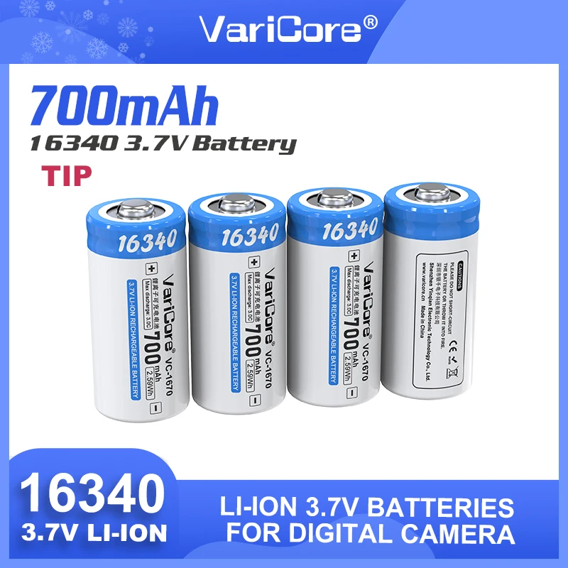 VariCore VC-1670 16340 Con TiP 3.7V 700mAh Batteria ricaricabile agli ioni di litio di grande capacità per la torcia elettrica della fotocamera digitale