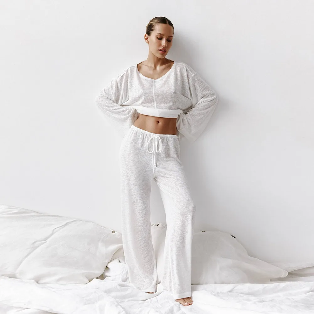 

Round Neck Long Sleeve Lace-up Trousers Pajama Set Autumn New Men's Cotton Pajamas Home Clothes for Women