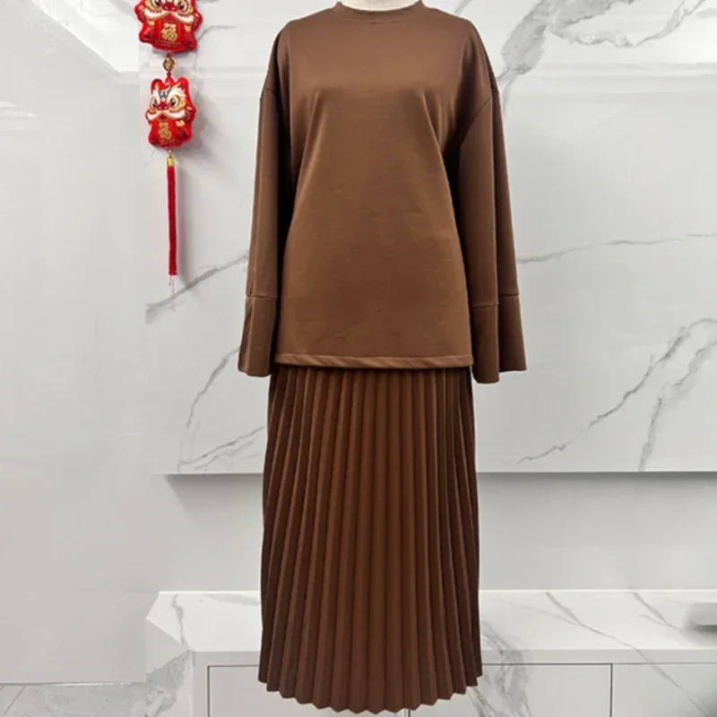 Autumn Women\'s Casual Skirt Set Camel Solid O-neck Flare Sleeves Loose Top Retro Temperament Folds Long Skirts Suit For Female