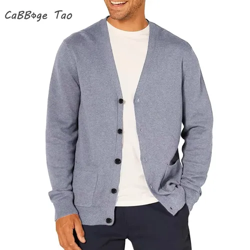 Imagen 1 del producto Nuevo Cárdigan de manga larga de primavera para hombre, suéter de lana, ropa deportiva tejida, chaqueta superior ligera de gran tamaño con botones y cuello en V para hombre