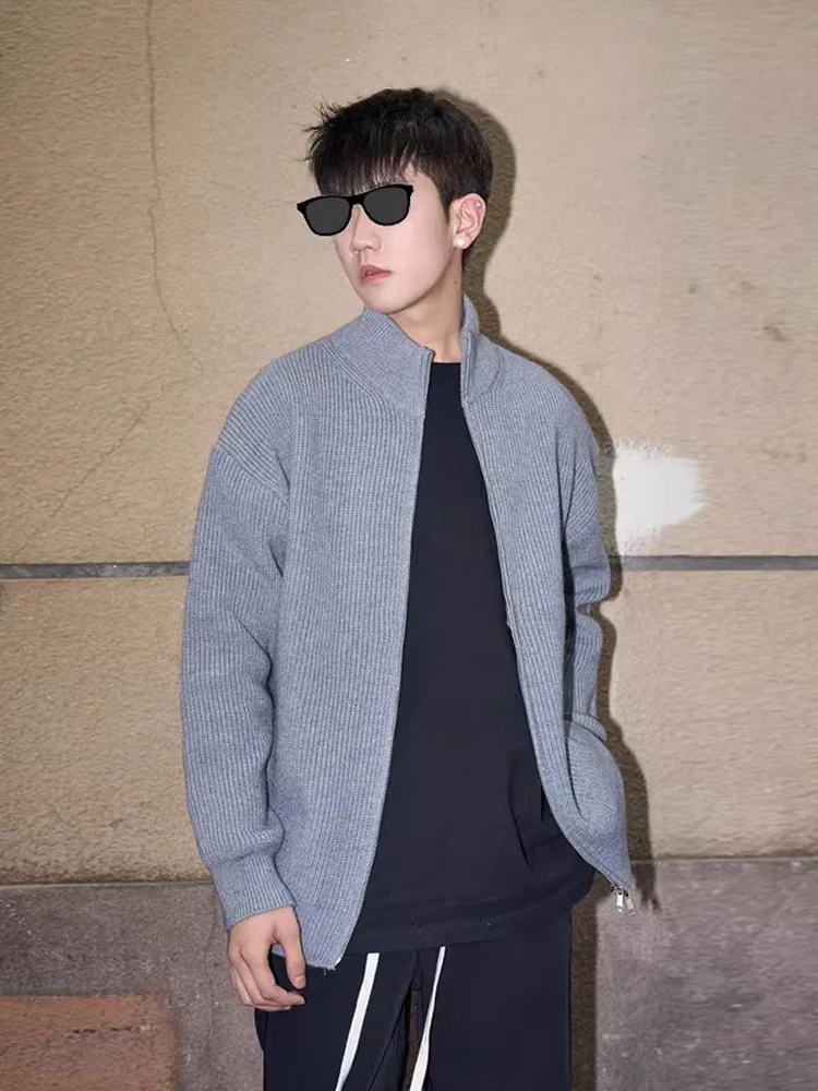 

Мужской модный осенний свитер с высоким воротником на молнии, повседневный вязаный свитер свободного кроя, стильная городская верхняя одежда с длинными рукавами