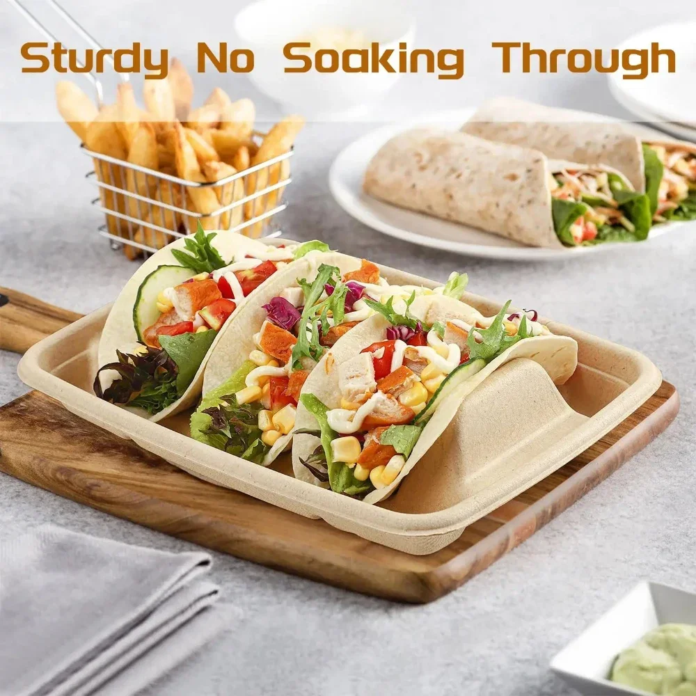 25/50Pcs Disposable Taco Holder with 3 Dividers Fiesta Tacos Holder Tray for Taco Tuesday Bar Serving Set, Decorations Supplies