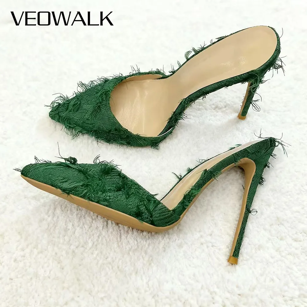 Women's Emerald Green Fringed Fabric Pointed Toe Mules Sexy Stiletto High Heel Slip-On Pumps Elegant Dress Slipper Party Shoes