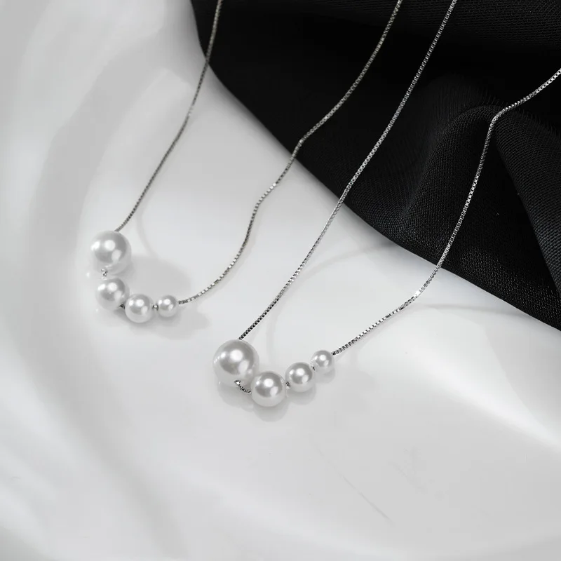 Fashionable Temperament 925 Sterling Silver Four Imitation Pearls Necklace for Woman Girls Charm Collarbone Chain Jewelry Gifts