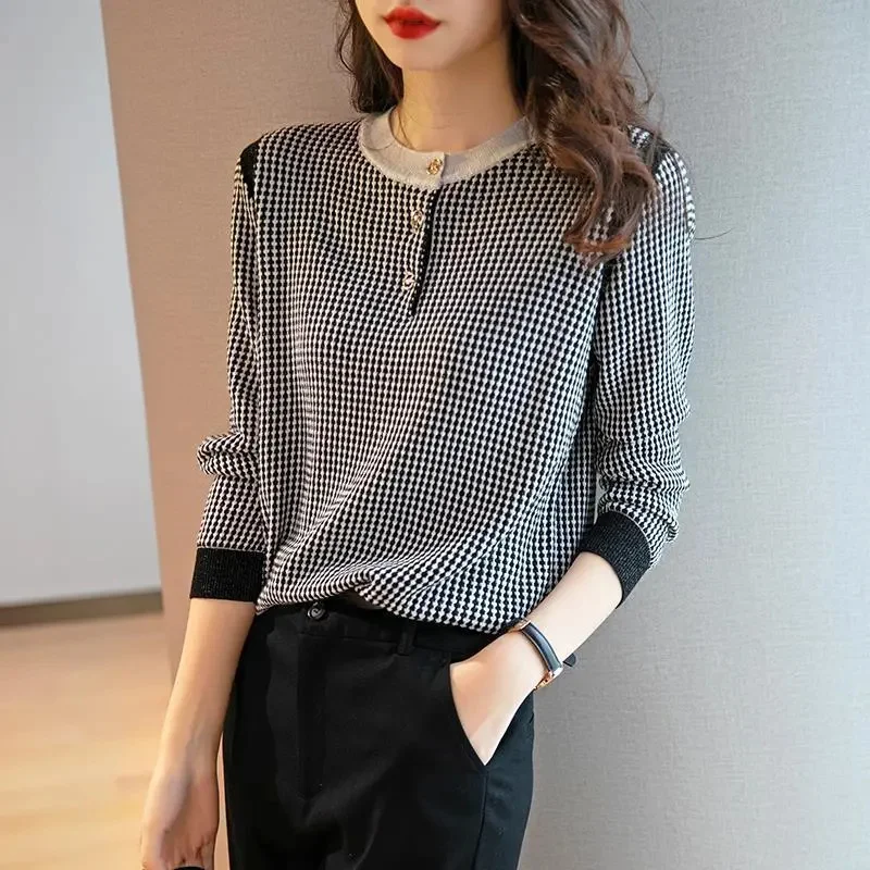 Black And White Checkered Knitted Sweater For Women's Spring Autumn 2024 New Ladies Long Sleeved Top Loose Lady Pullover