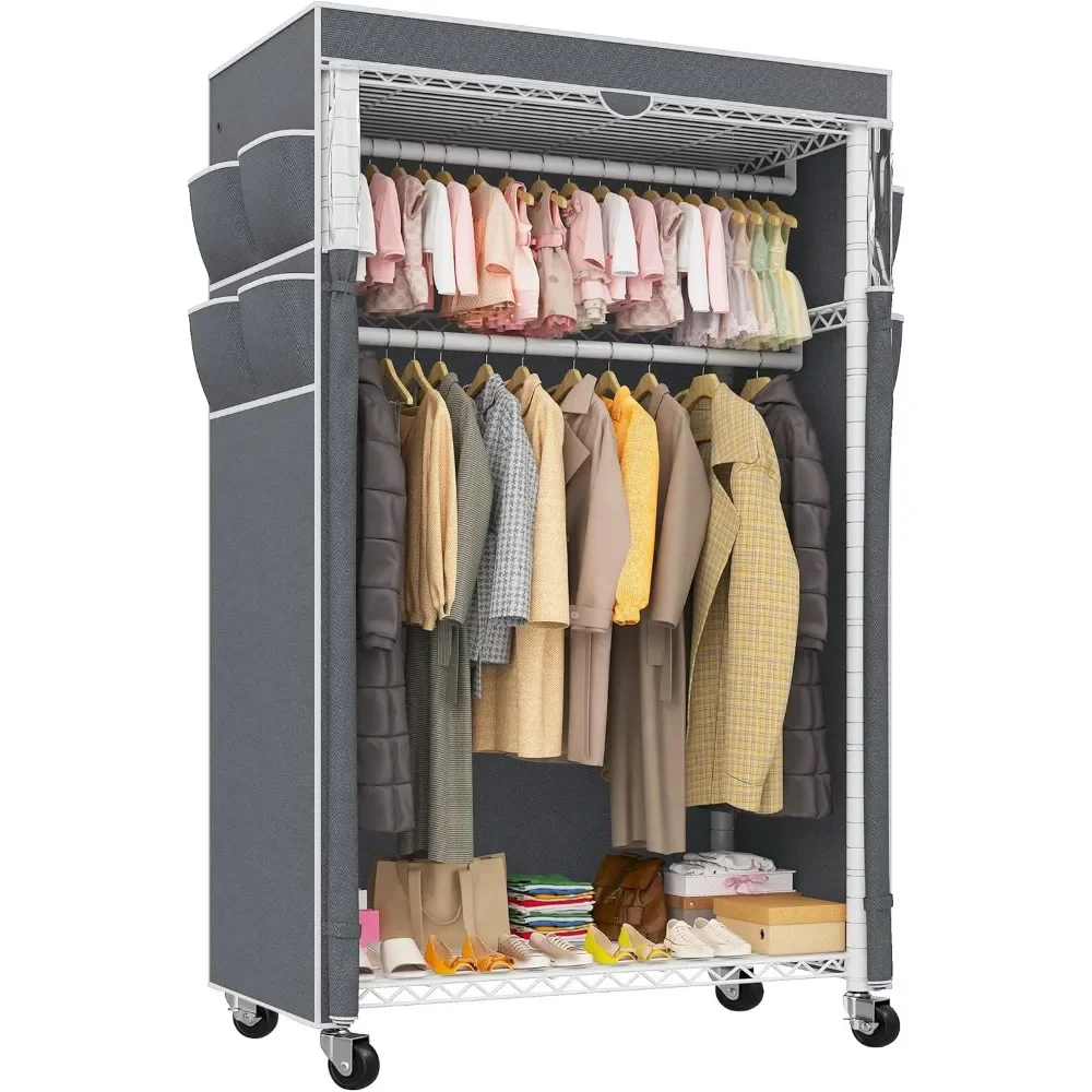 

Heavy Duty Clothes Rack with Cover Adjustable Rolling Clothing Rack with Wheels Portable Closet for Hanging Clothes