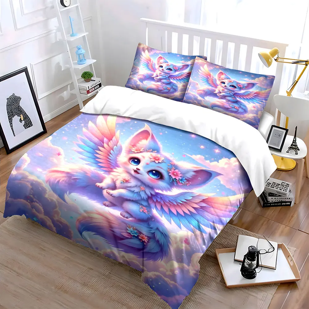Fantasy Winged Floral Fox Bedding Set for Kids Luxury Gift 3pcs Digital Print Comforter Set Soft Comfortable Breathable