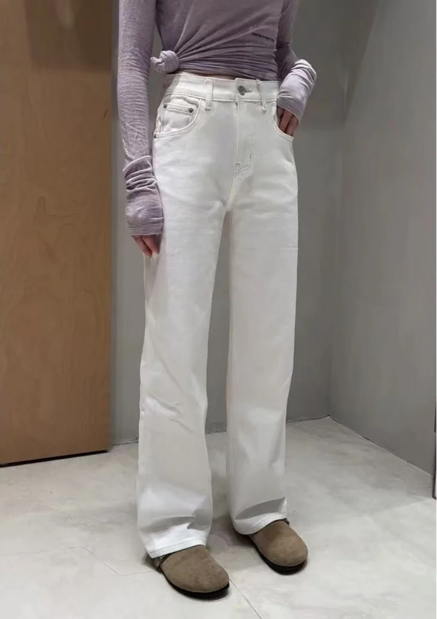 

Fenggejiwo women's high straight leg pants static version white jeans