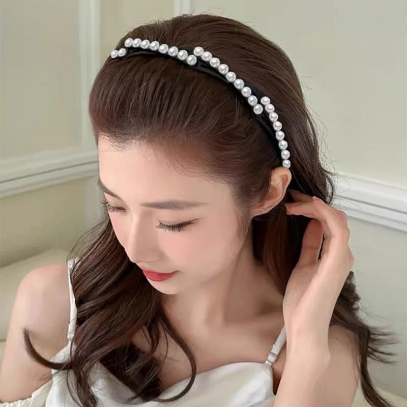 Foldable Pearl Hairband Retractable Portable Non-Slip Women Face Wash Forehead Hair Finish Bands Toothed Non Slip Headband