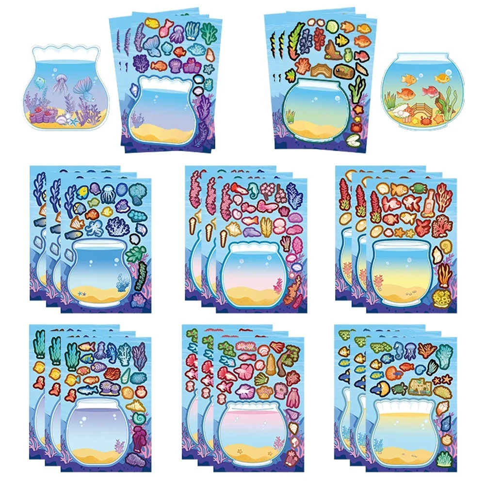 8/16Sheets Cartoon Fish Tank Decorative Puzzle Stickers PVC Material Children’s Educational Toys Waterproof Party Gift Stickers.
