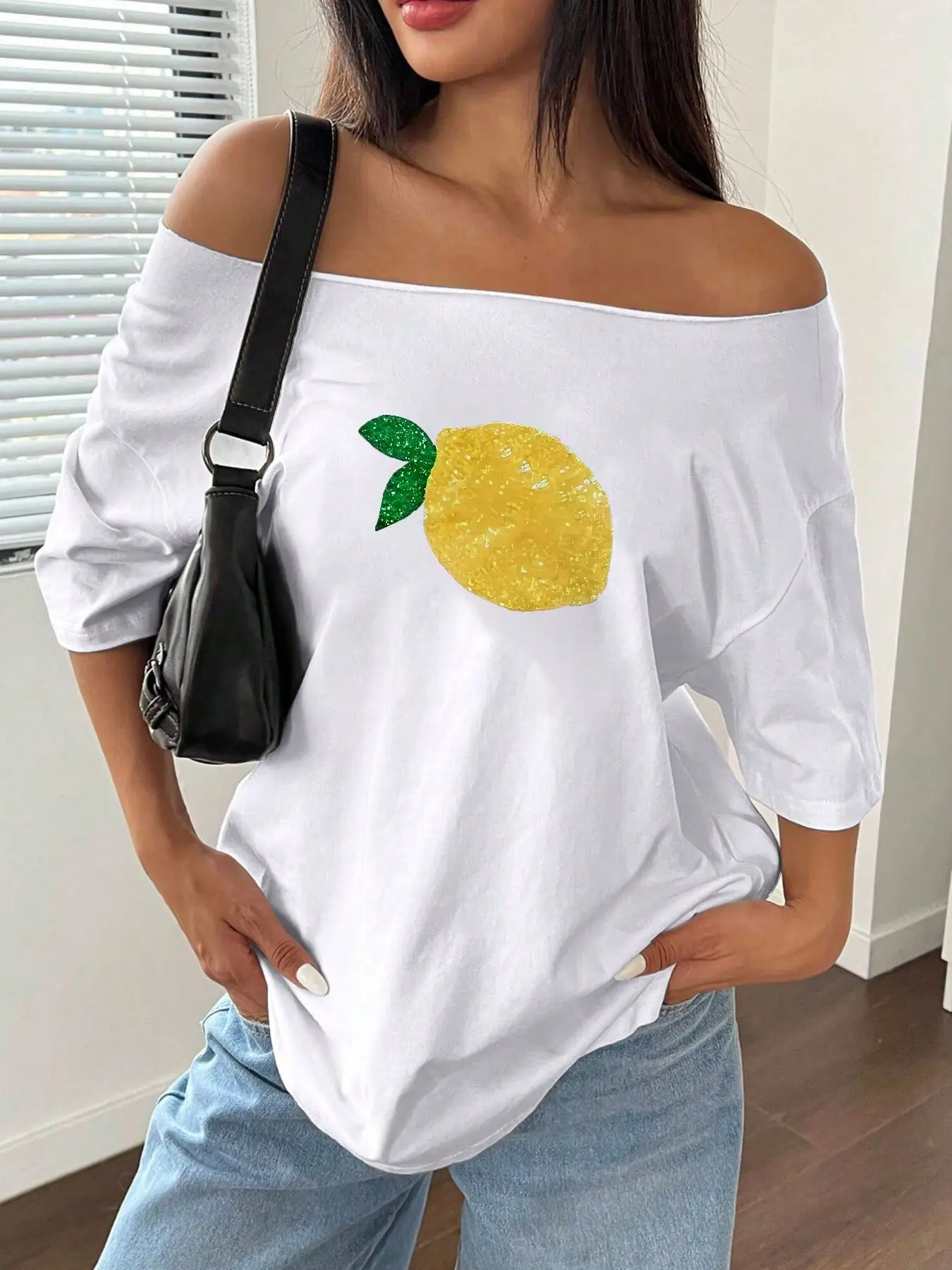 

Plus Size 100% Cotton Shoulder Loose Print T-Shirt Oversized Y2K Style Graphic Tees Women Tops Summer Off The Shoulder Top Le