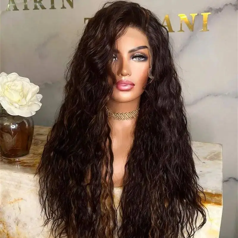 بني داكن مع خطوط العسل يسلط الضوء على الاصطناعية HD الدانتيل شعر مستعار أمامي 28 ''طويل شعر مستعار مجعد عميق للنساء Daiky حفلة تأثيري استخدام