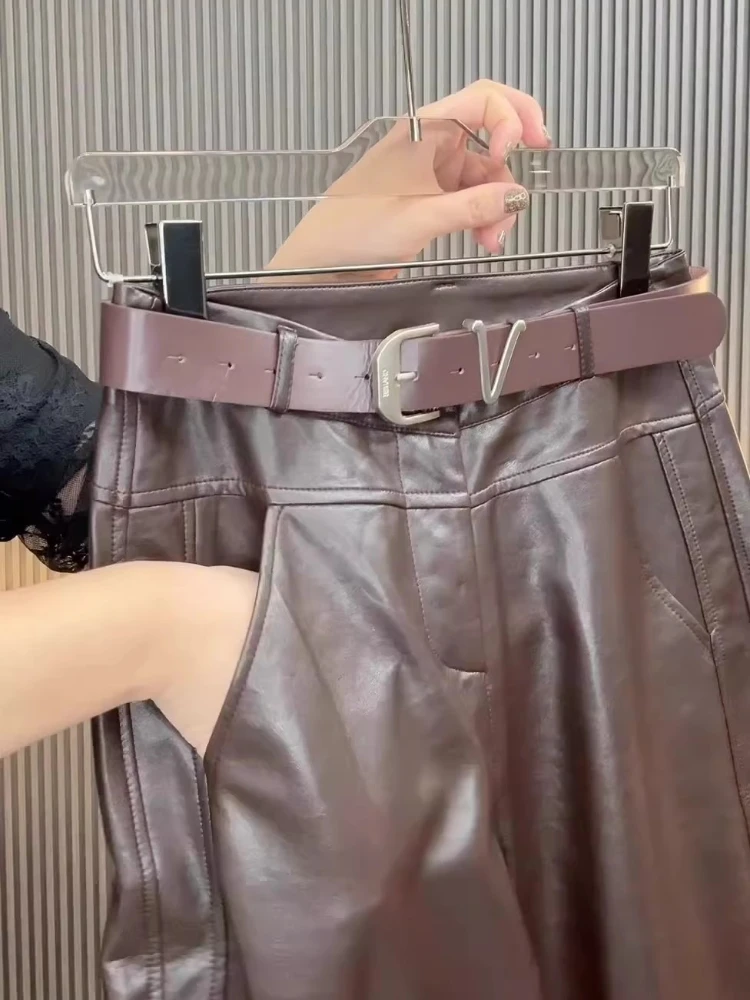 여성 루즈 와이드 레그 PU 가죽 바지 가을 겨울 신축성 있는 허리 패션 Y2K 따뜻한 바지 스트레이트 엘레강트 바지 아우터웨어