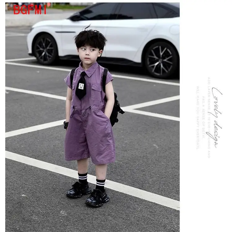 Kids Summer Shorts Overalls Capri Boys Purple Pants and Tie Clothes Boy Baby Jumpsuit 1-10Y Short Sleeved Children's Clothing view 6
