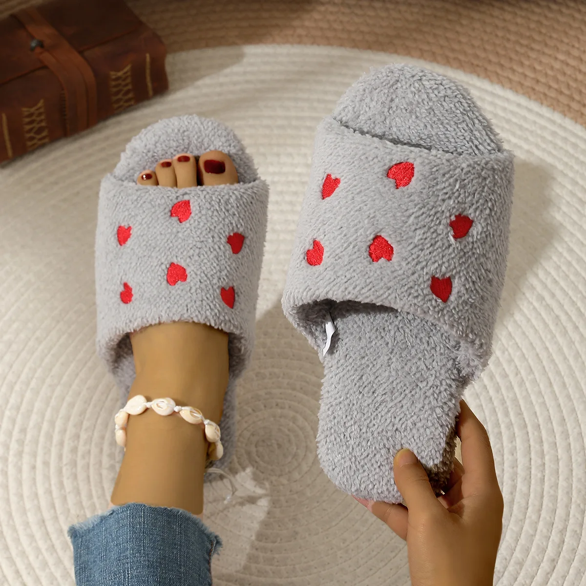 Winter Fluffy Women's Slippers Plush Heart-shaped Home Slippers For Women Flat Platform Casual Indoor Open Toe Fashion Footwear image 4