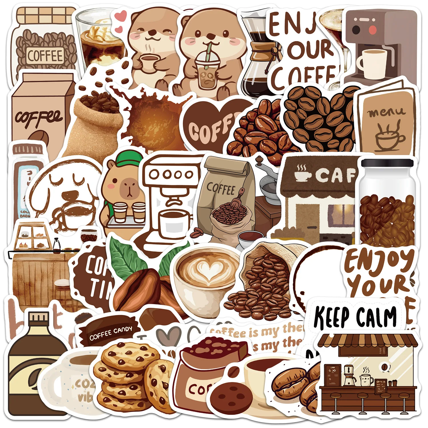 50pcs Cute Coffee Cartoon Phone Stickers Brown Vintage Coffee Bean Machine Decals Cafe Aesthetic Sticker Pack DIY for Laptop