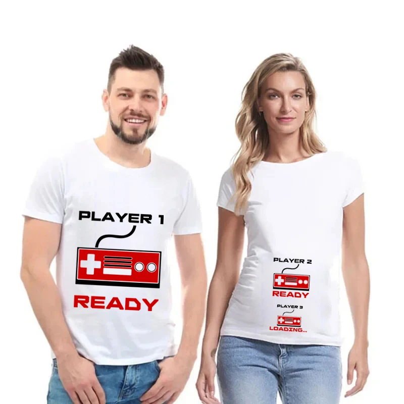 Maternity T-Shirt Funny Games Pattern Player 1/2 Ready Player 3 Loading Print Dad To Be Mama To Be Pregnancy Announcement Shirt