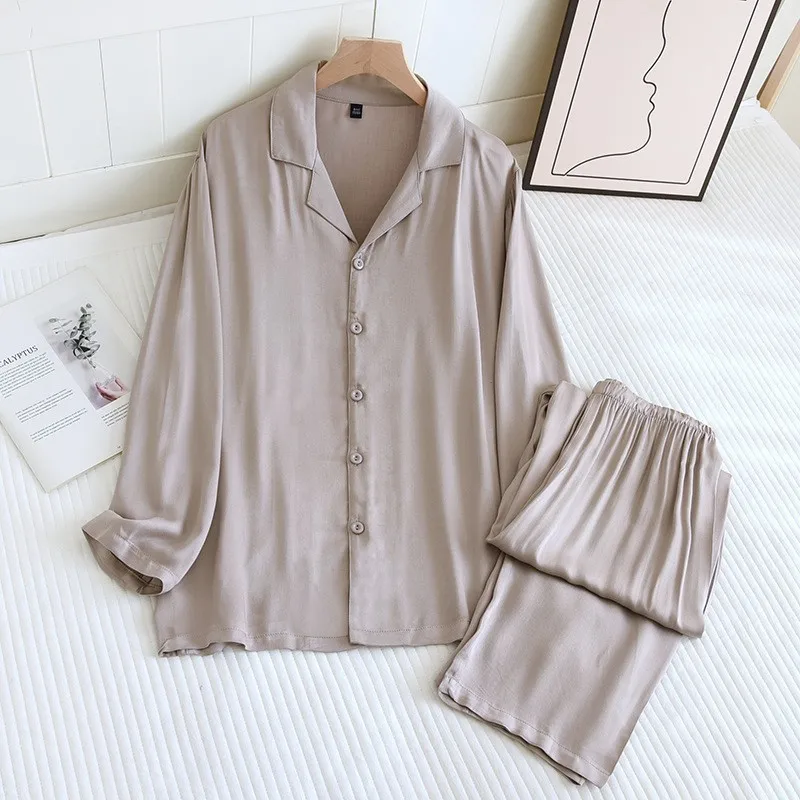 2024 New Spring/Summer Couple Sleepwear Set with Viscous Fiber Gongsatin Thin Long sleeved Two piece Solid Color Home Fury Set