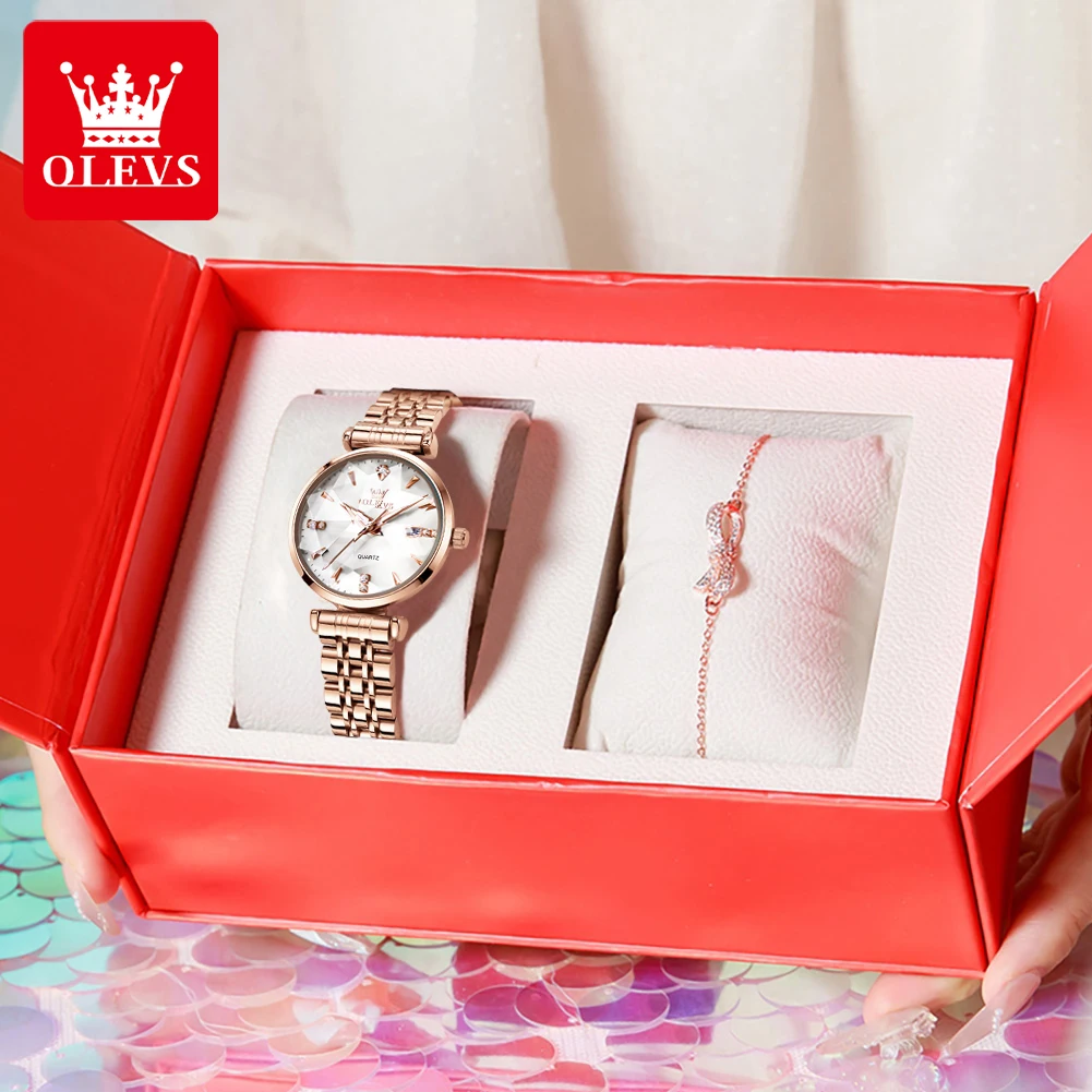 OLEVS 5536 ساعة نسائية فاخرة كوارتز ساعة اليد مقاوم للماء الفولاذ المقاوم للصدأ الزركون مقياس تاريخ الساعات للنساء مجموعة سوار