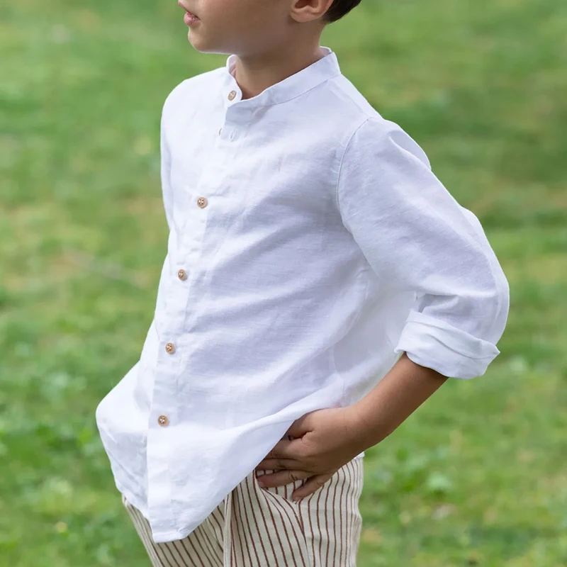 Boys White Linen Shirt 2024 Autumn New Children\'s Stand-Up Collar Buttons Daily Casual Cotton And Linen Long-Sleeved Shirts