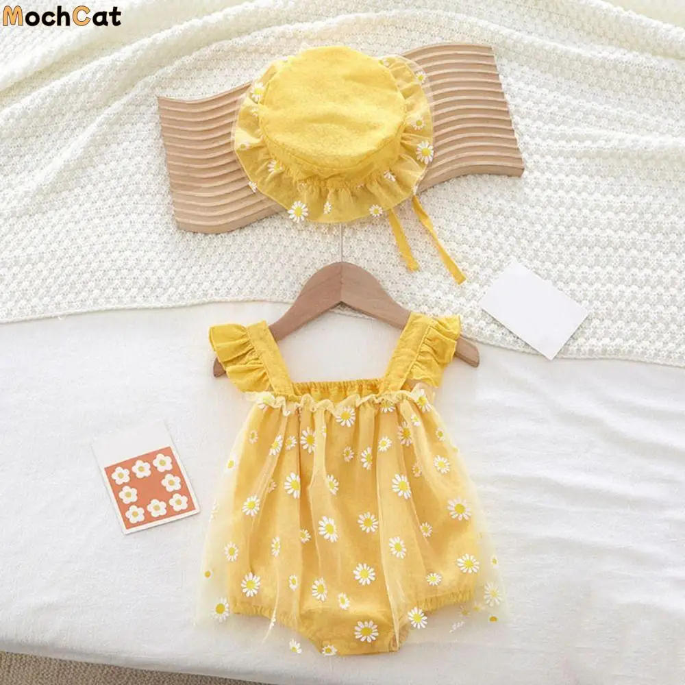 

Mesh Flower Baby Princess Dress with Hat Sleeveless Sweet Thin Baby Climbing Suit Infant Romper Loose Toddle Jumpsuits