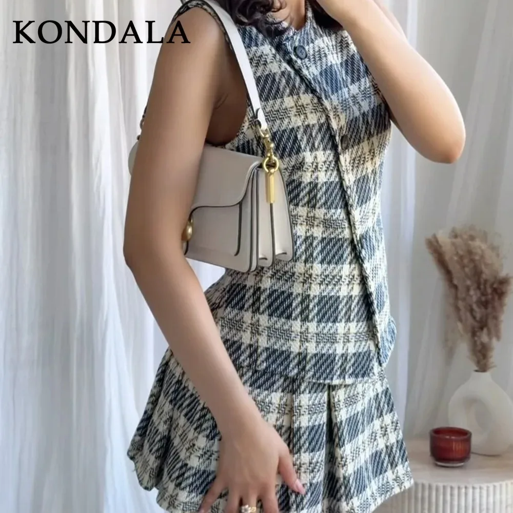 KONDALA 2025 가을 겨울 캐주얼 체크 여성 정장 패션 스트리트웨어 싱글 브레스티드 O넥 조끼 시크 지퍼 반바지 스커트