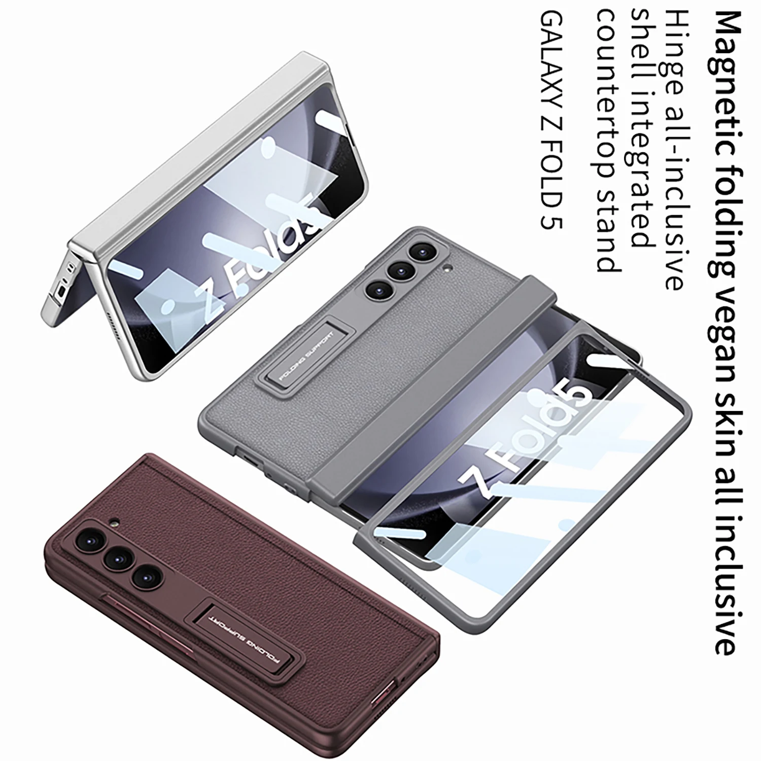 for Samsung Galaxy Z Fold 5, Magnetic Folding, Vegan Skin, All-Inclusive Hinge, Integrated Phone Case