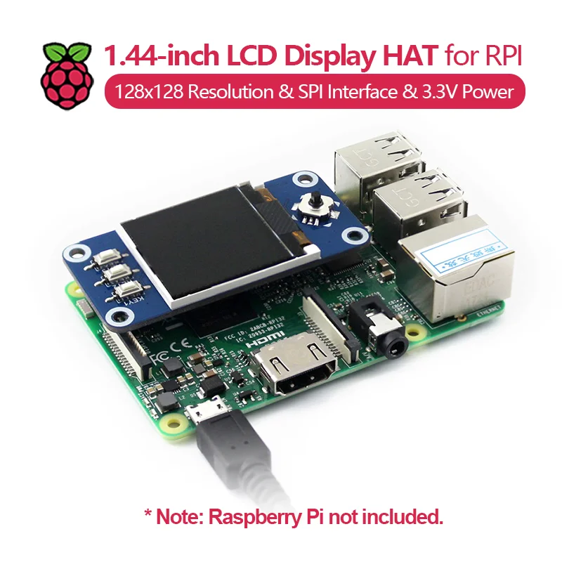 Raspberry Pi 1.44-inch LCD Display HAT, 128x128 resolution, built-in controller, SPI interface, 3.3V power.