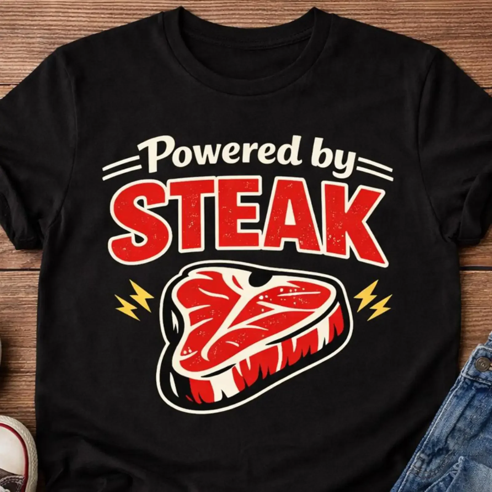Powered by Steak T Shirt Funny Meat Lover for Men Carnivore BBQ Grill Dad High Protein Humor vintage Washed Unisex homme