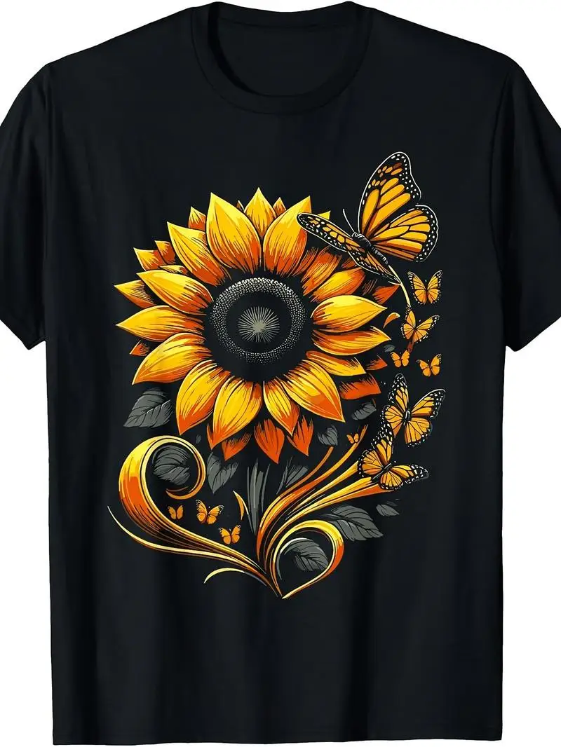 Sunflower Butterfly Floral Nature Art T-Shirt, Unisex Casual Botanical Graphic Tee For Garden Lovers, Spring Summer Outfit, Gift