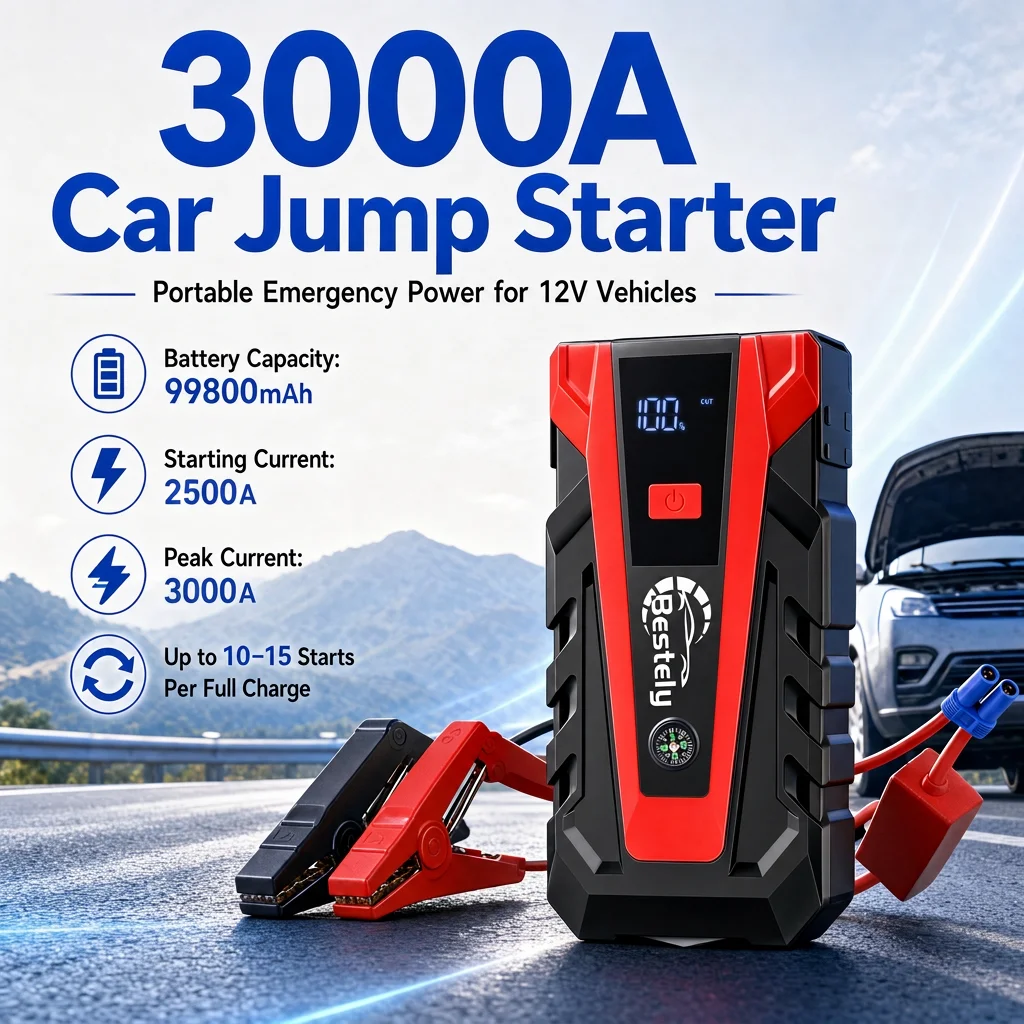 New 12V Car Jump Starter 99800mAh 3000A Car Battery Starter Portable Battery Starter with Power Bank LED Light Petrol Diesel Car