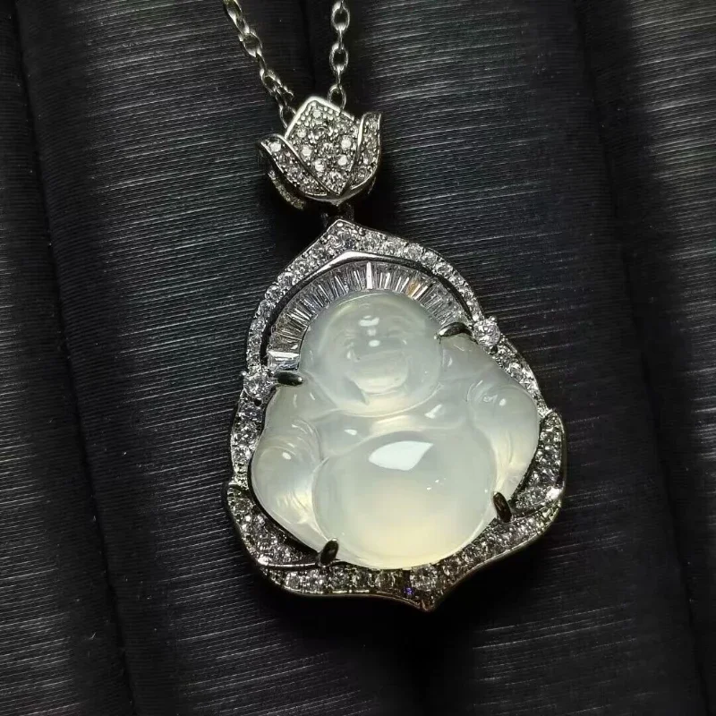 925 silver-plated inlaid high-ice green chalcedony Buddha Gong pendant, green agate jade necklace pendant