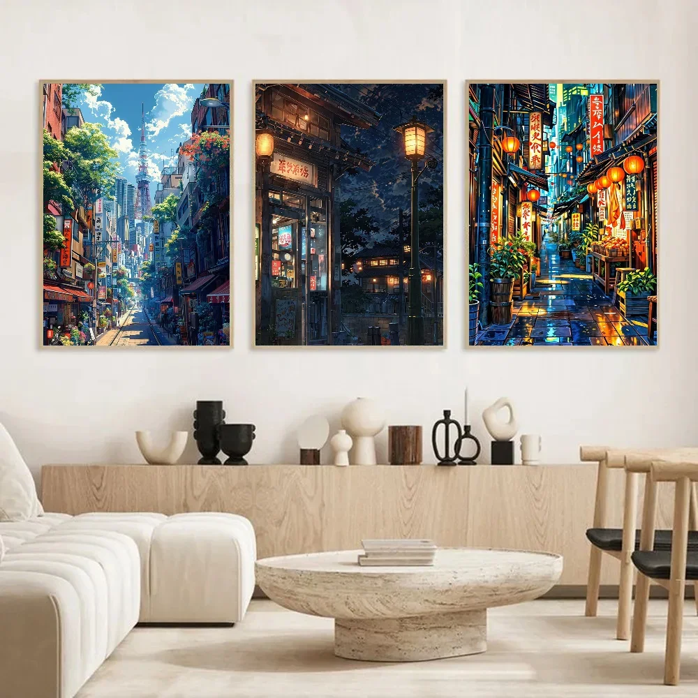Manga Style Japanese Street Landscape Canvas Prints Night Hut Wall Art Posters for Living Room Coffee House Bar Home Decor Gifts