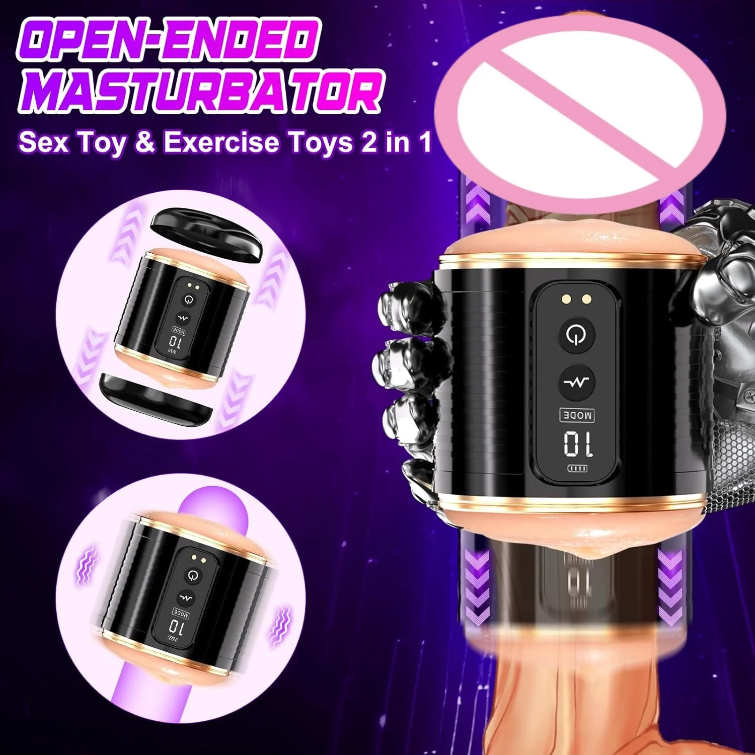 Open-Ended Automatic Male Masturbator with 10 Thrusting 10 Sucking and 10 Vibration Modes App Control Hands-Free Pocket Pussy 3D Textured Silicone Stroker with Rings and Lubricant view 3