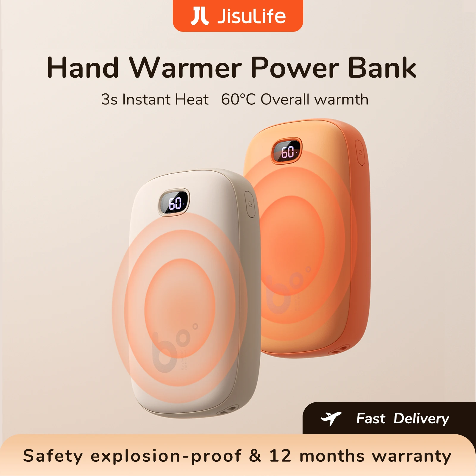 JISULIFE-Calentadores de manos eléctricos portátiles, Banco de energía USB, recargable 3S, calor instantáneo, 60 ℃, pantalla Digital de