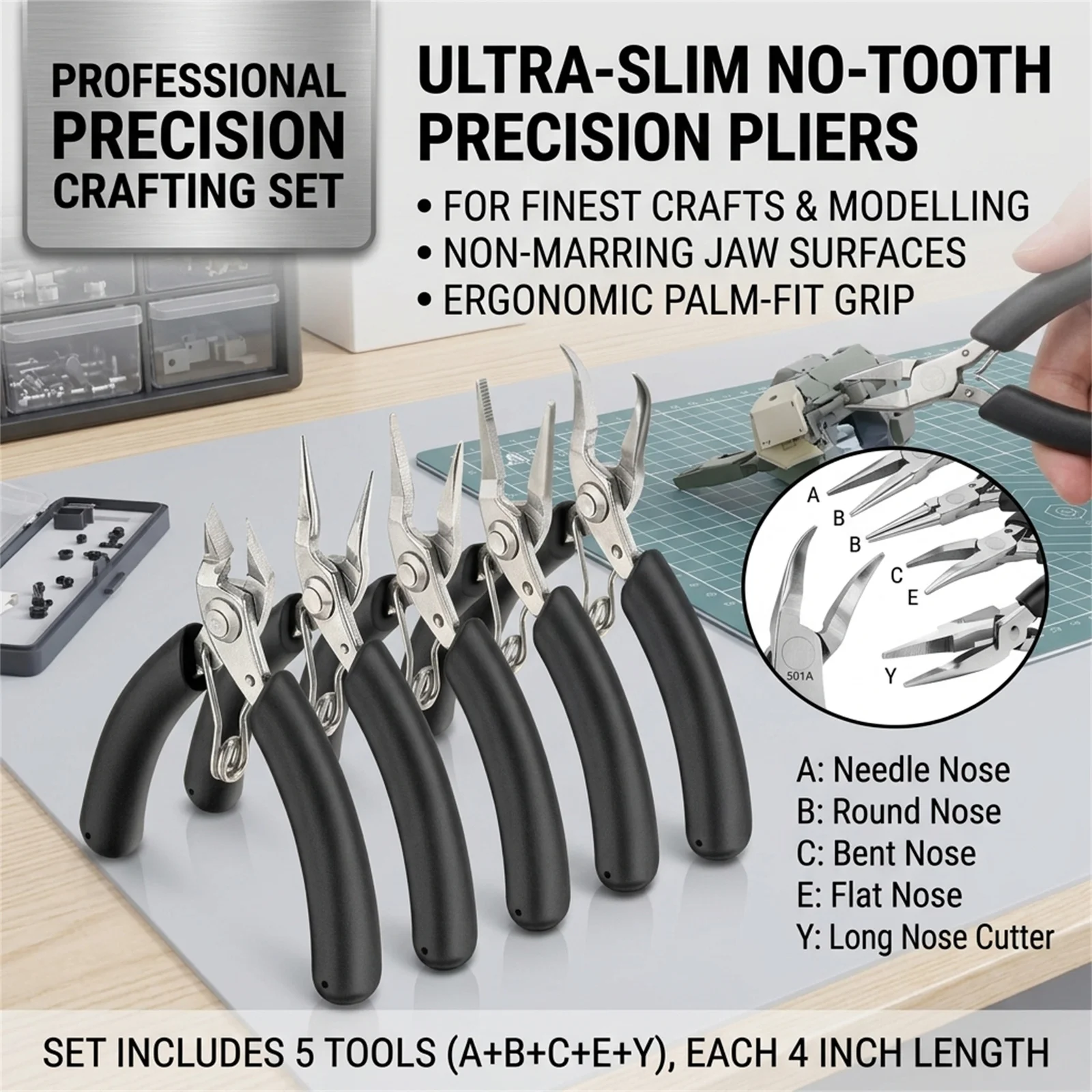 Jewelry Making Pliers Toothless Needle-Nose Precision Gripping Tools for Model Assembly Electronics Repair DIY Handwork kit