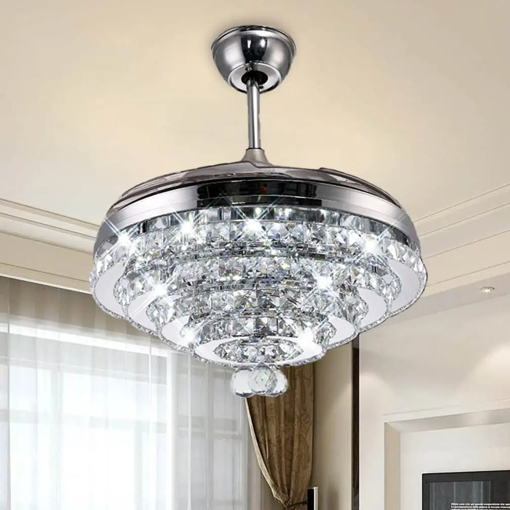 Modern 42inch Crystal Invisible Fan Chandelier with Remote Control Retractable Blade Adjustable 3 Color and 3 Speed Lighting Fan