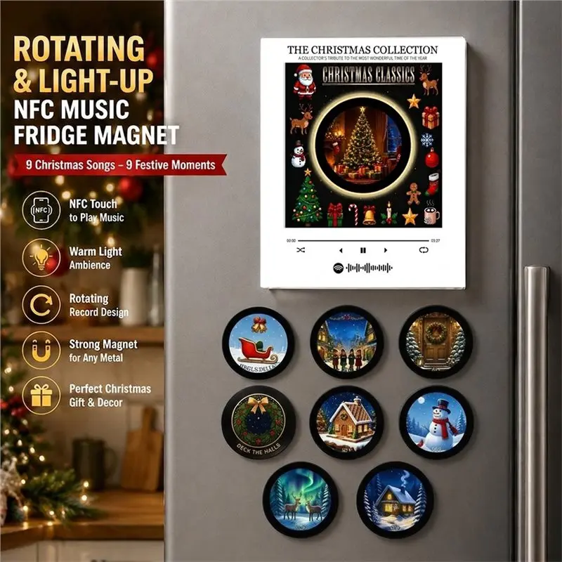 WCS-Xmas Fridge Magnet Touch Play Feature Magnetic Music Vinyl Record Player Christmas Night Light Built-In LED
