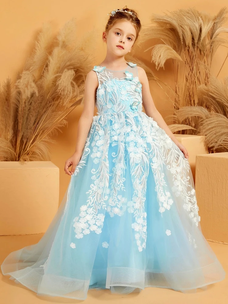 

Customized Flower Girl Dress Sky Blue Tulle White Floral Appliques Butterfly For Wedding Birthday Party Holy Communion Gown